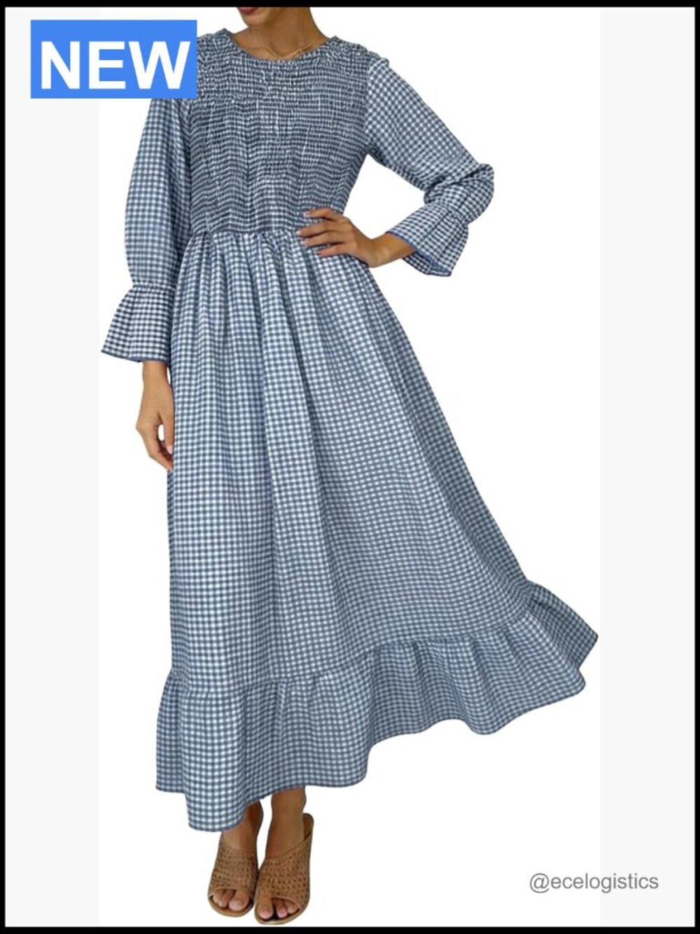 Boho Plaid Midi Dress Puff Sleeve Ruffle Crew Neck Summer Cotton Flowy
